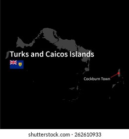 Detailed Map Of Turks And Caicos Islands And Capital City Cockburn Town With Flag On Black Background