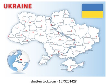 Detailed map of Ukraine administrative divisions with country flag and location on the globe. Vector illustration