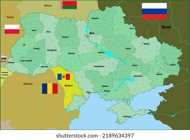 Detailed map of Ukraine with cities, rivers, regions. Vector illustration.
