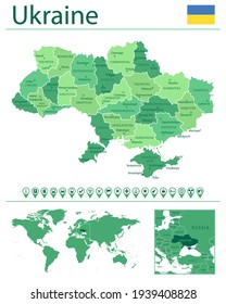 Detailed map of Ukraine with country flag and location on world map. Vector illustration