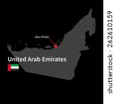 Detailed map of United Arab Emirates and capital city Abu Dhabi with flag on black background