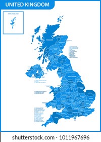 El mapa detallado del Reino Unido con regiones o estados y ciudades, capitales. Actual división administrativa pertinente del Reino Unido y Gran Bretaña.