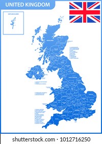 The detailed map of the United Kingdom with regions or states and cities, capitals. Actual current relevant UK, Great Britain administrative devision.