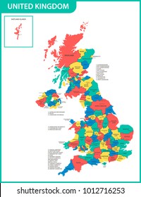 The detailed map of the United Kingdom with regions or states and cities, capitals. Actual current relevant UK, Great Britain administrative devision.