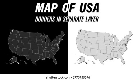detailed map of United States of America with borders. Educational design element. Easy editable black and white vector