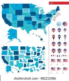 Detailed map of the United States of America. Big sities. Icons, location indicators