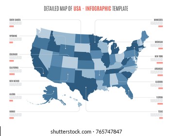 Detailed map of United States of America. Vector template for infographics. Editable stroke.