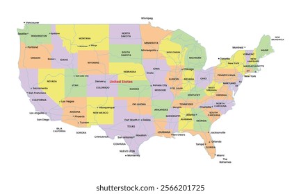 Detailed Map of the United States with States and Cities
