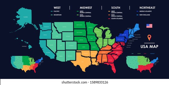 Detailed map of US regions, isolated states with names, Colorful infographics of the United States of America, vector illustration