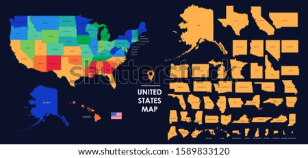 Detailed map of the USA, each state is signed and highlighted, the states are located on the largest territory, Colorful infographic of the United States of America, vector illustration