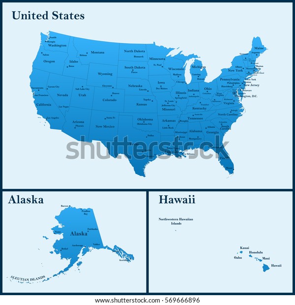Detailed Map Usa Including Alaska Hawaii Stock Vector Royalty
