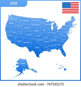 The detailed map of the USA with regions or states and cities, capital. United States of America with national flag