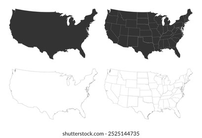 Detailed map of the USA. Set of maps of the United States isolated. State borders and country territory. Vector illustration.