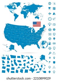 Detailed map of USA and World map navigation set. Vector illustration.