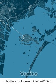 A detailed map of Venice, Italy, rendered in shades of blue. The map highlights the city's intricate network of canals and islands, with white lines representing streets and waterways.