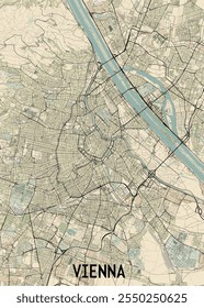 A detailed map of Vienna, Austria, featuring a beige background with black lines representing streets and roads. The city's layout is clearly visible, with a prominent river flowing through the center