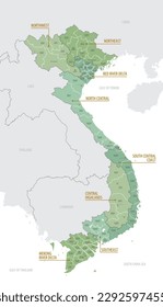 Detailed map of Vietnam with administrative divisions into regions and Provinces, major cities of the country, vector illustration onwhite background