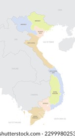 Detailed map of Vietnam with administrative divisions and borders of neighboring countries, vector illustration on white background