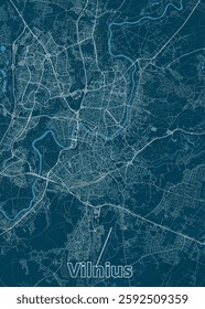 A detailed map of Vilnius, Lithuania, rendered in a minimalist style. The map features a dark teal background with white lines representing streets and roads. A prominent river winds through the city.
