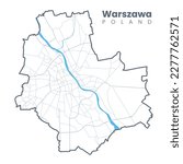 Detailed map of Warsaw - the capital of Poland - Urban borders map. Light stroke version of City poster with streets and Vistula River.