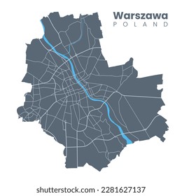 Detailed map of Warsaw - the capital of Poland - Urban borders map. Dark fill version of City poster with streets and Vistula River.