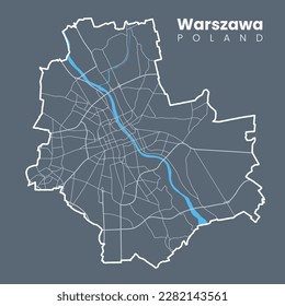 Detailed map of Warsaw - the capital of Poland - Urban borders map. Light stroke version on dark background of City poster with streets and Vistula River.