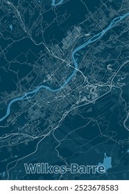 Um mapa detalhado de Wilkes-Barre, Pensilvânia, renderizado em um estilo minimalista. O mapa apresenta um fundo azul escuro com linhas brancas representando estradas e vias navegáveis.