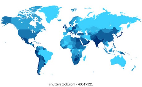 Detailed map of the World with countries in blue colors. Vector illustration.