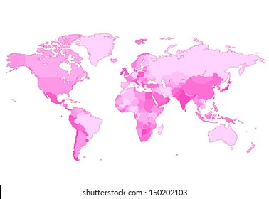 Detailed map of the World with countries in pink colors. Vector illustration.