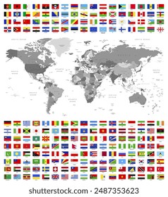 Mapa detallado del mundo y banderas de todos los países. Ilustración vectorial