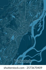 A detailed map of Yakutsk, Russia, rendered in shades of blue. The map highlights the city's layout, showcasing its streets, roads, and waterways.