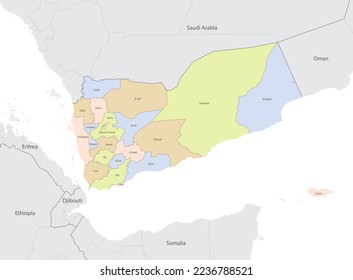 Detailed map of Yemen with administrative divisions and borders of neighboring countries, vector illustration on white background