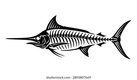 Detailed marlin skeleton illustration with visible vertebrae and elongated bill black silhouette sailfish swordfish teleost fish anatomy ichthyology