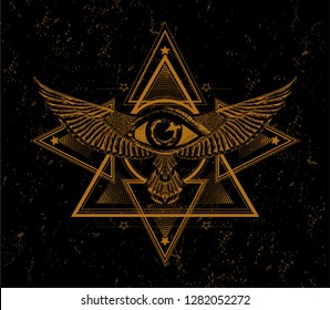 Detailed masonic symbol with wings and all seeing eye. Sketch for print-shirt and tattoo art. Sign of power earth. Orange geometric pattern on the black background. 