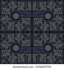 Detailed maze-like pattern featuring black, gray, and purple lines. Symmetrical and repetitive design with star motifs. Perfect for wallpapers, fabrics, and graphic design projects