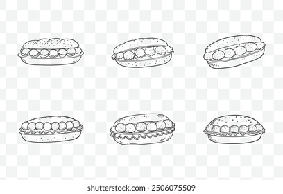 Detailed Meatball Sub Line Art Vector Set with High Quality Illustrations for Graphic Design and Print Projects
