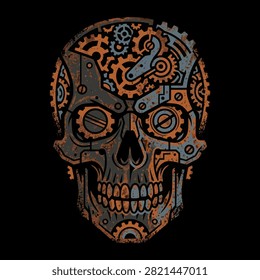 A detailed mechanical skull constructed from intricate rusted metal gears