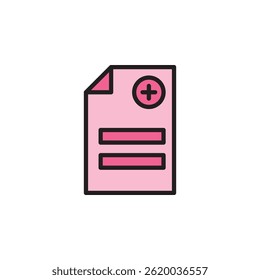 Ícone de Registro Médico Detalhado Apresentando Documento com Símbolos de Saúde e Marcas de Verificação em um Fundo Rosa Macio
