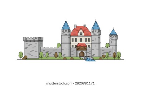 Detailed medieval stone castle featuring high towers, a protective wall, and a drawbridge entrance.