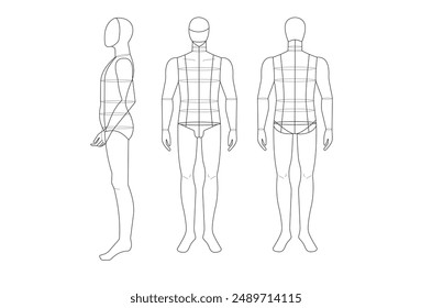 Detailed men's fashion figure sketch featuring front and back views. Ideal for design presentations, showcasing garment fit, and style details. Perfect for fashion designers.