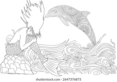 Detalhada Sereia e Dolphin Line Art para colorir, Apresentando Zen Tangle Padrões, Ondas Estilizadas e Ocean Fantasy.