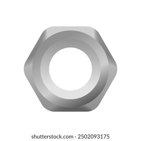 Tuerca hexagonal metálica detallada, mostrando su superficie brillante y la ingeniería precisa en un fondo blanco, 3d realista