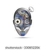 detailed metallic robot  man head on white background, old fashioned mechanic robot portrait, mechanic head, vector,