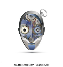 detailed metallic robot  man head on white background, old fashioned mechanic robot portrait, mechanic head, vector,