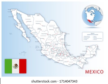 Detailed Mexico administrative map with country flag and location on a blue globe. Vector illustration