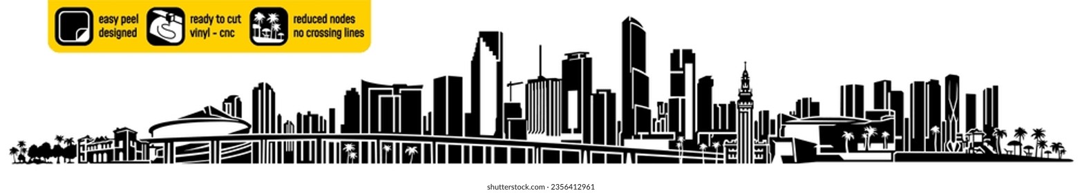 Detailed Miami Beach skyline vector, Florida USA created for vinyl cutting. Landmarks in a single design cnc plasma. Vinyl ready design. Wall sticker. Wall decal. Black and white silhouette.