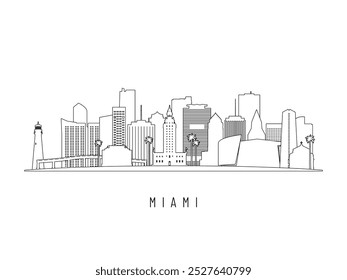 Detaillierte Miami Skyline Vektorgrafik. Miami Gebäude im Line Art Stil, perfekt für moderne Designs.