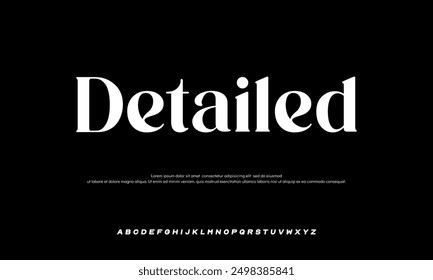 Detailed minimalist display font design, alphabet, typeface, letters and numbers, typography.