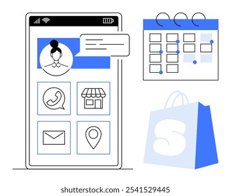 A detailed mobile app interface shows user profile, communication options, store locator, email, and navigation icons. Blue and white calendar and shopping bag. Ideal for e-commerce, online