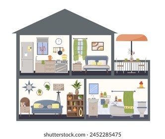 Detailed modern interior. Cottage in section. Dollhouse interior concept. Furnished rooms. Hallway and kitchen. Living room with bookcase. Bedroom with a window. Bathroom. Veranda with table and